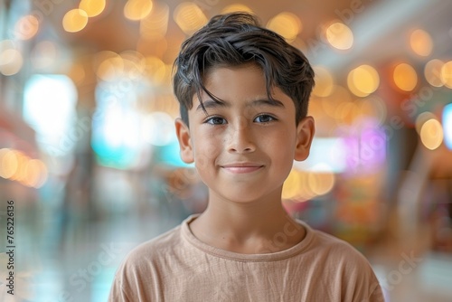 A young boy with brown hair and brown eyes is smiling for the camera