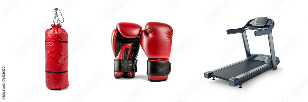 gym weights training fitness equipment, athletic active workout body building, healthy lifestyle, bumbbells, treadmill and boxing gloves, punch bag icons isolated on transparent png cutout background