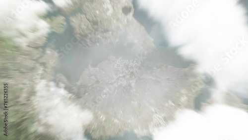 Earth zoom in from space to Auckland, New Zealand. Followed by zoom out through clouds and atmosphere into space. Satellite view. Travel intro. Images from NASA