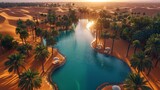 Aerial view of a palm treelined lake in the desert oasis
