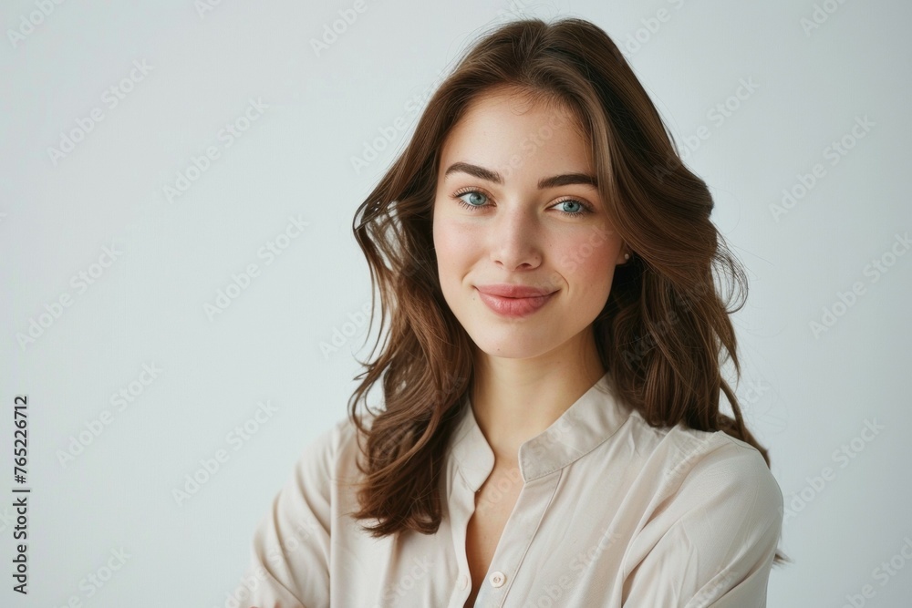 A woman with long brown hair and a white shirt is smiling