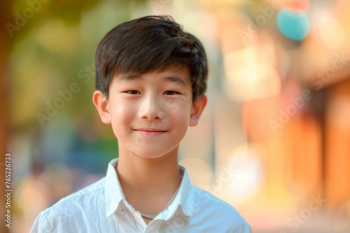 A young boy with a white shirt and black hair is smiling