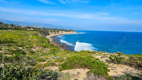 Fototapeta Naklejka Na Ścianę i Meble -  a beautiful spring landscape at Point Dume beach with blue ocean water, lush green trees and plants, homes along the cliffs, waves, blue sky and clouds in Malibu California USA