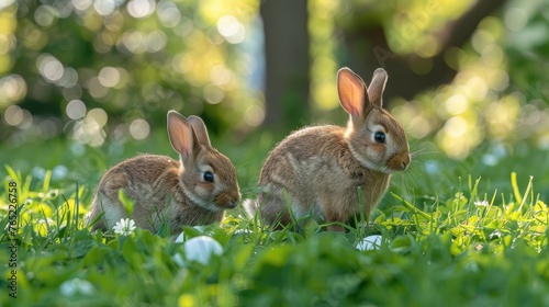 Pair of Wild Rabbits Among White Flowers © Настя Олейничук
