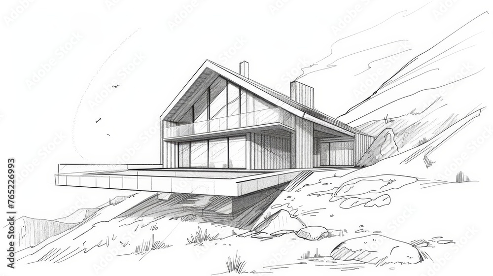 Fototapeta premium Sketched Concept of Mountain House, Architectural Line Art Illustration, Black and White Drawing