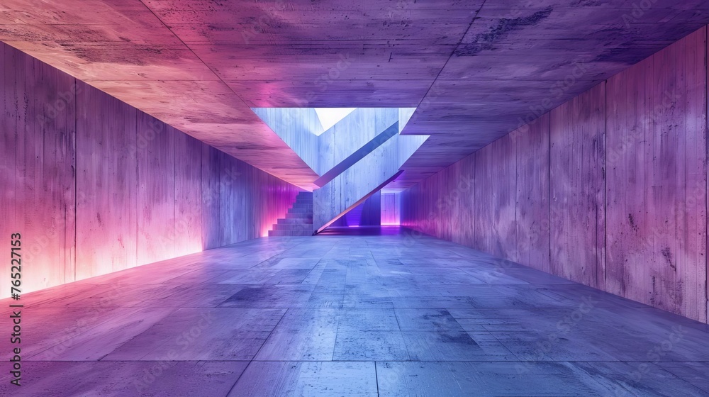 Surreal Architectural Concrete Interior with Neon Gradient Lighting, Abstract 3D Rendering - obrazy, fototapety, plakaty 