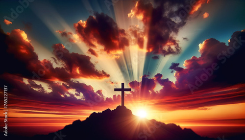 Cross Silhouetted by Setting Sun on Hilltop. Concept Spirituality and Faith