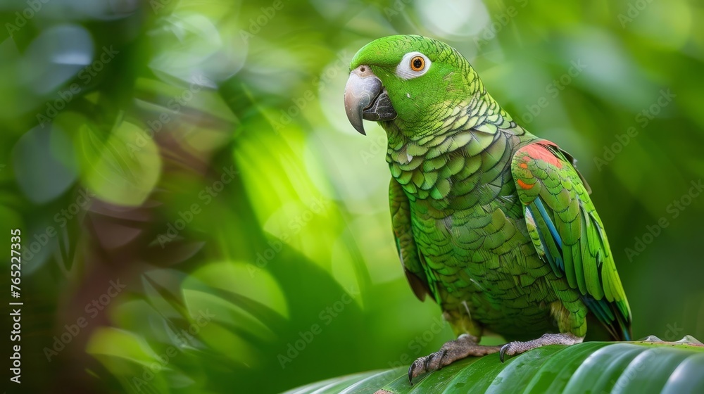Vibrant green parrot perched on a lush tropical leaf, nature photography