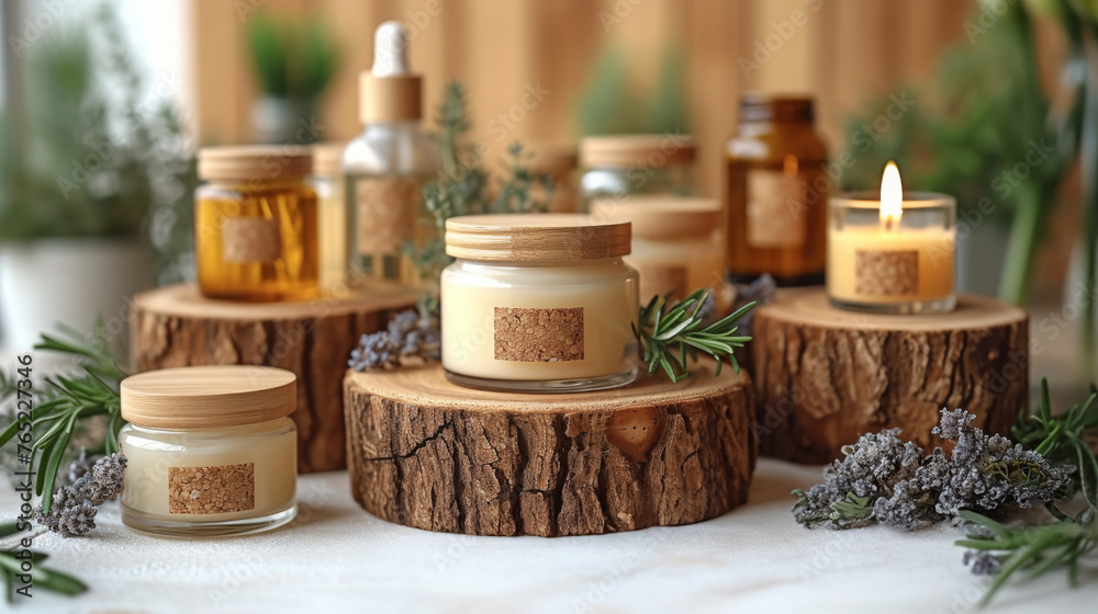Eco-Friendly Skincare Essentials Arranged On Rustic Wooden Stands, Lush Greenery Eco-Friendly Skincare Essentials Arranged On Rustic Wooden Stands, Lush Greenery