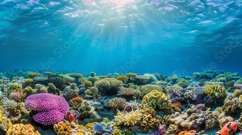 Vibrant coral reef teeming with diverse marine life in a crystal-clear sea, underwater photography