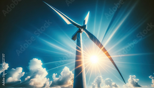 Close-up of an offshore wind turbine against a sunny blue sky, highlighting renewable energy