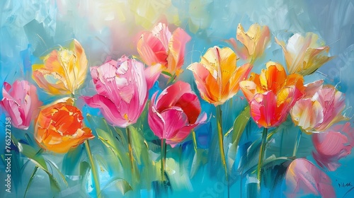 vibrant pink and yellow tulips in full bloom, oil painting still life #765227358