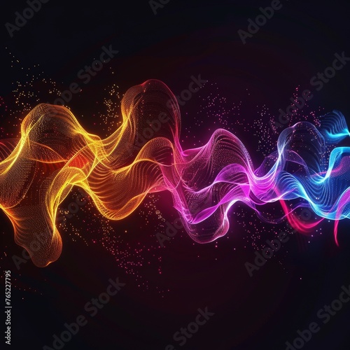 A dynamic and colorful abstract of sound waves flowing through a dark background  symbolizing energy and rhythm