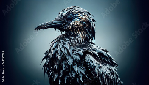 Close-up of a seabird covered in oil, highlighting the tragic impact of oil spills on wildlife photo
