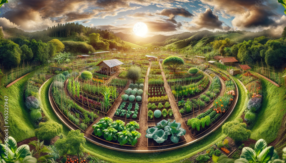 Panoramic view of a permaculture garden with diverse crops and integrated water conservation systems