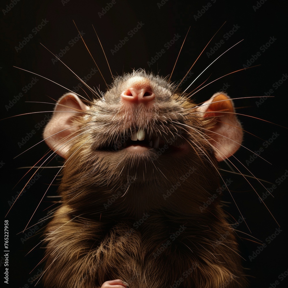 A close-up shot capturing a rat in a laughing pose with its mouth open and eyes squinting, set against a dark background
