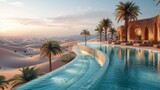 An artists vision of an oasis in the desert with infinity pool