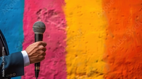 Hand holding microphone isolated on colored background. With copy space for add text.
