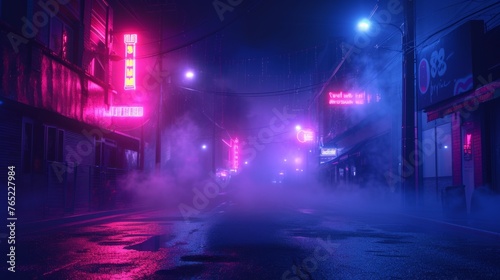 Dark street with neon lights, spotlights, and drifting smoke creating a nocturnal ambiance