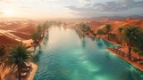 An oasis of water in a desert landscape with a swimming pool under the open sky