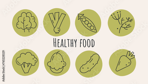 Vector set of healthy food icons. Lettuce, onion, green peas, squash, cucumber, dill, greens, carrots, cabbage, salad. Outline Vegetables  collection