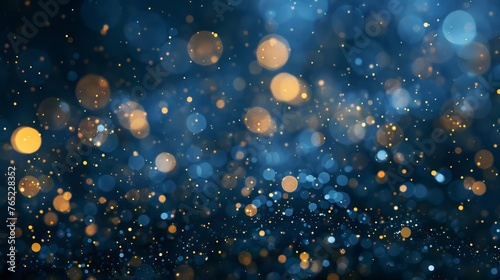 Dark blue and gold bokeh particles, creating festive Christmas holiday atmosphere