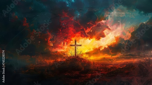 Dramatic Calvary Scene with Illuminated Cross, Crown of Thorns, and Majestic Sunset, Oil Painting Style © Bijac