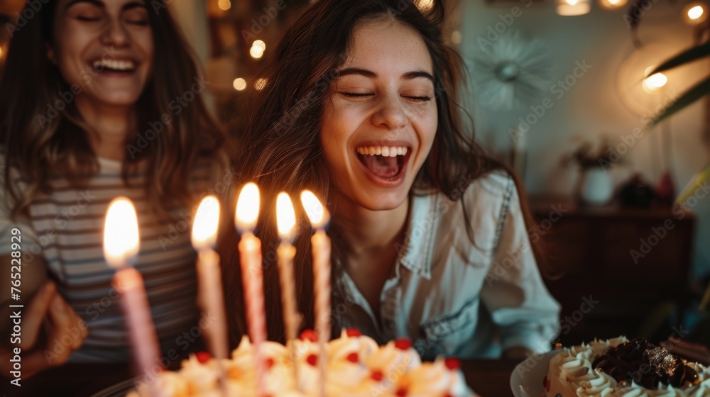 woman in front of birthday cake with a very happy expression generative ai