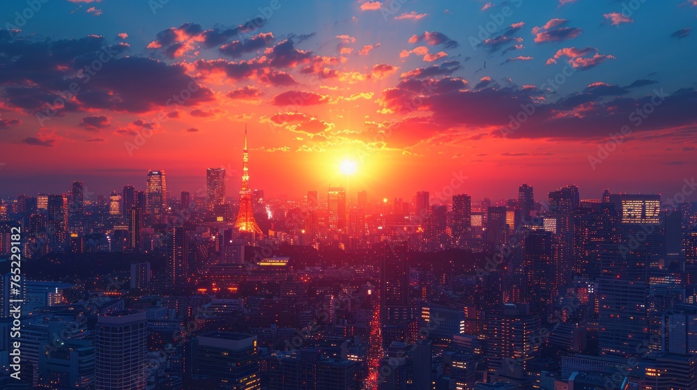 Sunset aerial city view with sunlight piercing through the clouds