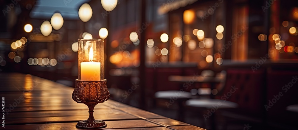 Candles are illuminated on a rustic wooden table placed inside a cozy restaurant setting Candles are illuminated on a rustic wooden table placed inside a cozy restaurant setting