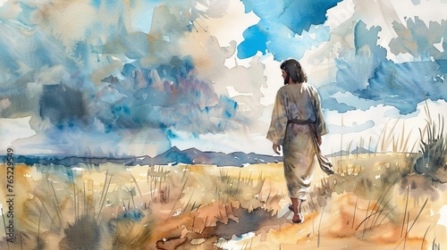 Watercolor illustration of Jesus Christ walking alone, conveying solitude and contemplation