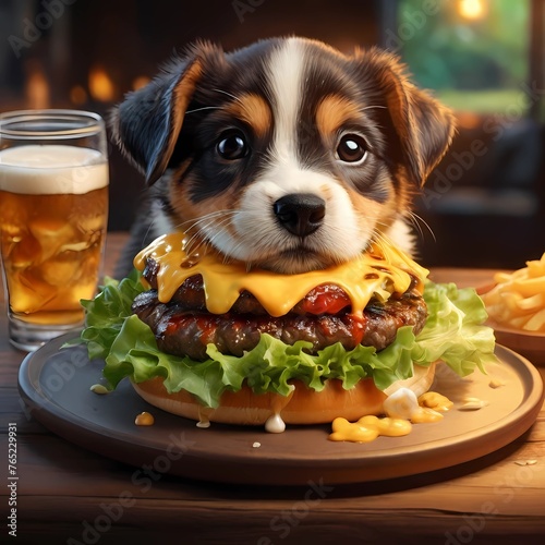 Chistosa fotografía de un cachorro recargado sobre una hamburguesa.  photo