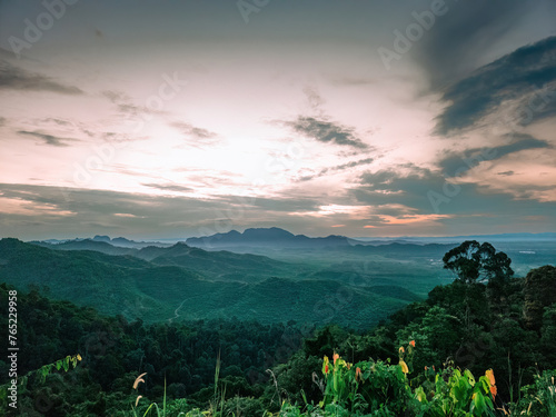 Aerial view of mountain during sunrise in Wang Kelian, Perlis, Malaysia.