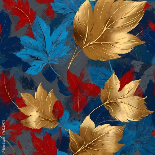 Recurso grafico, ilustración elegante de hojas color rojo, dorado, gris, con fondo de color azul