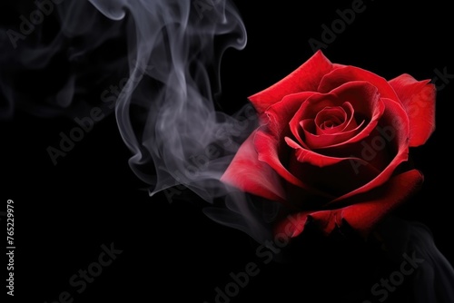Dramatic image of a single red rose enveloped in smoke against a stark black background. Single Red Rose with Smoke on Black Background