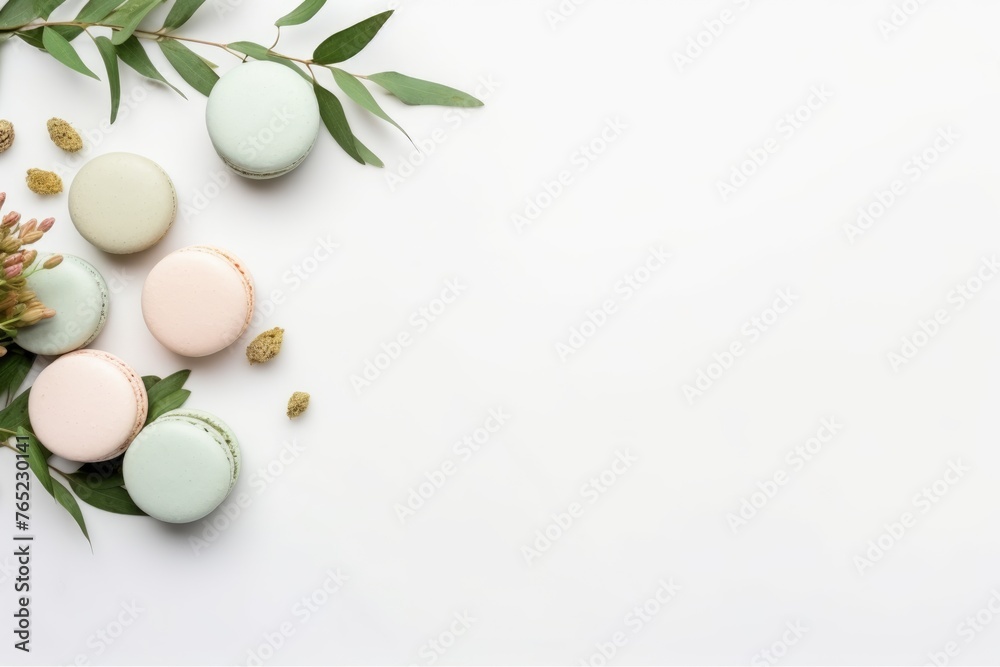 A clean, minimalist composition featuring pastel macarons and fresh green leaves on a white background.