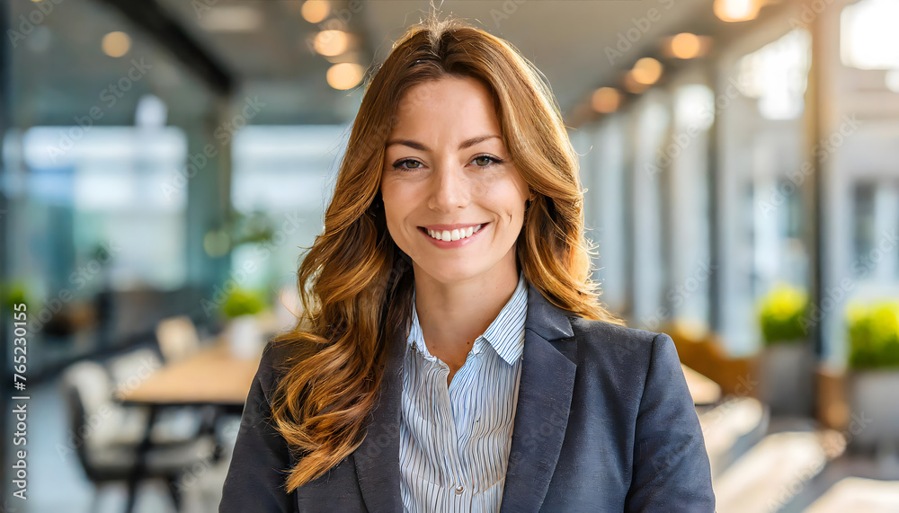 Portrait of a Successful Businesswoman with Modern Office in the Background