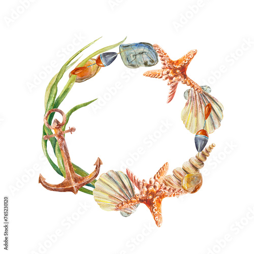 Marine round wreath watercolor. Anchor, starfish, float, shells. Sea frame illustration isolated on white background. Design element for cards, invitations, sea banners, sea day, travel flyers.