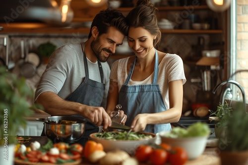 Happy couple love cooking together in kitchen. Young loving man and woman laughing while cooking healthy food at home. © Тамара Печеная