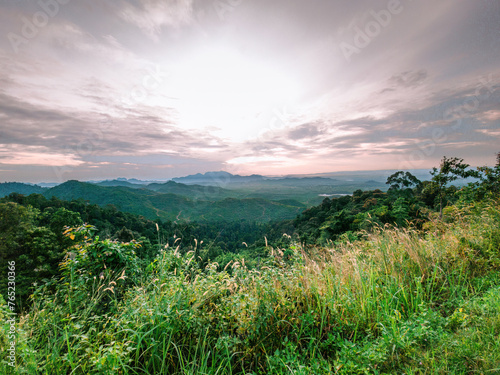 View of mountains during sunrise in Wang Kelian, Perlis, Malaysia.