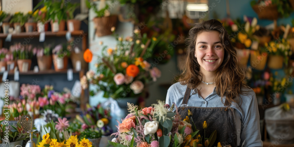 young female florist in an apron makes a bouquet in a flower shop, small business, plants, nature, beauty, girl, woman, seller, worker, employee, holiday, businesswoman, smile, portrait, face