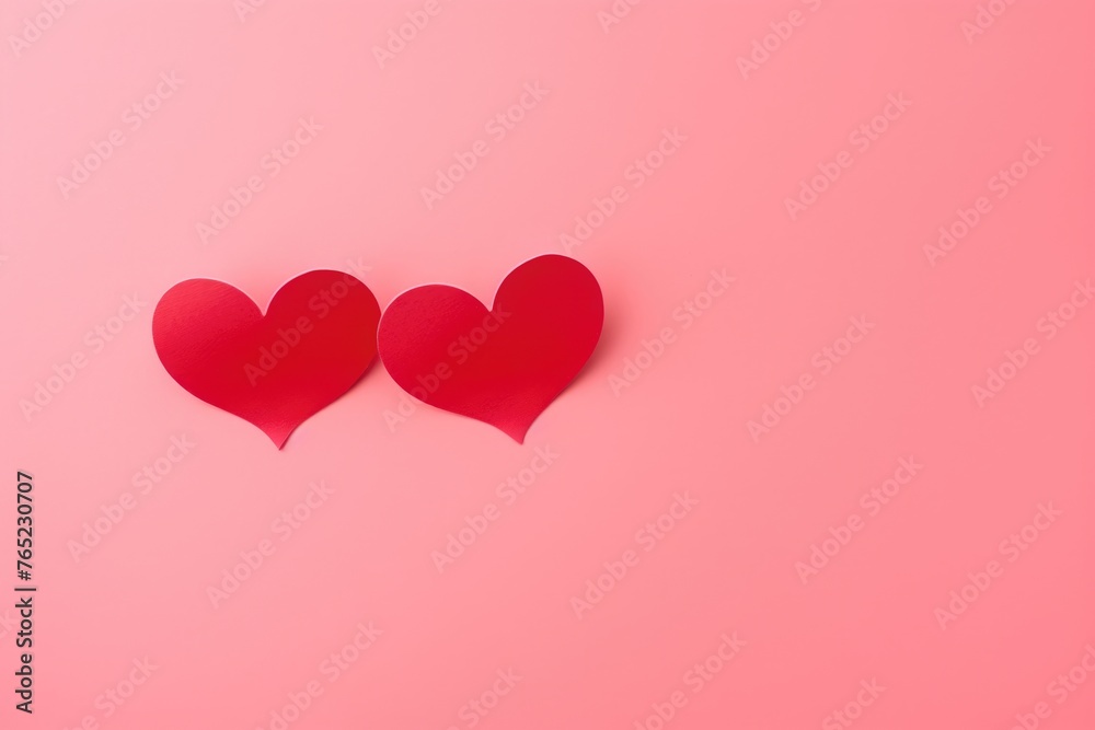 A pair of cut-out red paper hearts on a smooth pink backdrop, portraying a simplistic romantic concept.