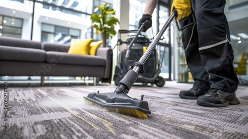 Industrial vacuum cleaner used by professional cleaners on office carpet. Expert rug care in office environment. Concept of commercial cleaning service, expert maintenance, office sanitation.