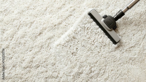 Vacuum cleaner head gliding over fluffy white rug. Top view. Carpet cleaning. Vacuuming. Concept of home cleanliness, dust reduction, professional cleaning services. Copy space. Banner. © Jafree