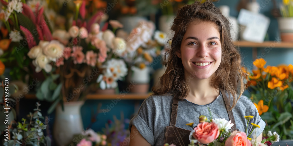 young female florist in an apron makes a bouquet in a flower shop, small business, plants, nature, beauty, girl, woman, seller, worker, employee, holiday, businesswoman, smile, portrait, face