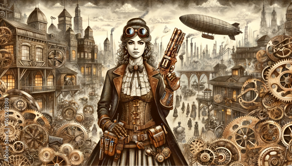 Fototapeta premium Steampunk Woman with Gadgetry in Vintage Cityscape