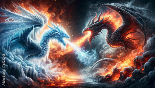 Ice and Fire Dragons Clashing - Mythical Battle Art