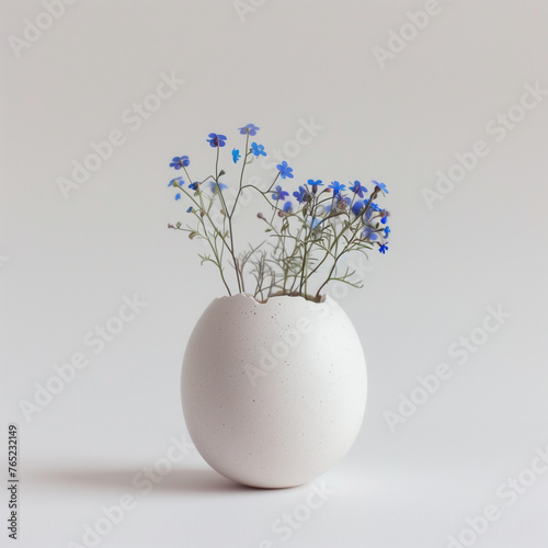 Tiny Blue Flowers Popping Out of Cracked Eggshell