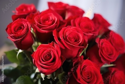 Close-up shot of a lush bouquet of vivid red roses  a symbol of deep love and affection. Close-up of Fresh Red Roses Bouquet