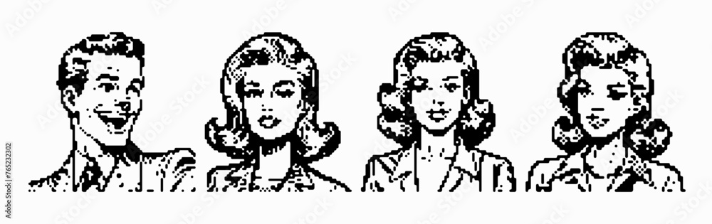 Smiling women and men speak in a bold pixel art Pop Art style. Simple icon set for avatars, education.